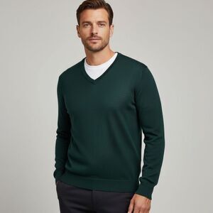 Express 100% Merino Wool V-Neck Sweater Large Dark Green Lightweight Pullover